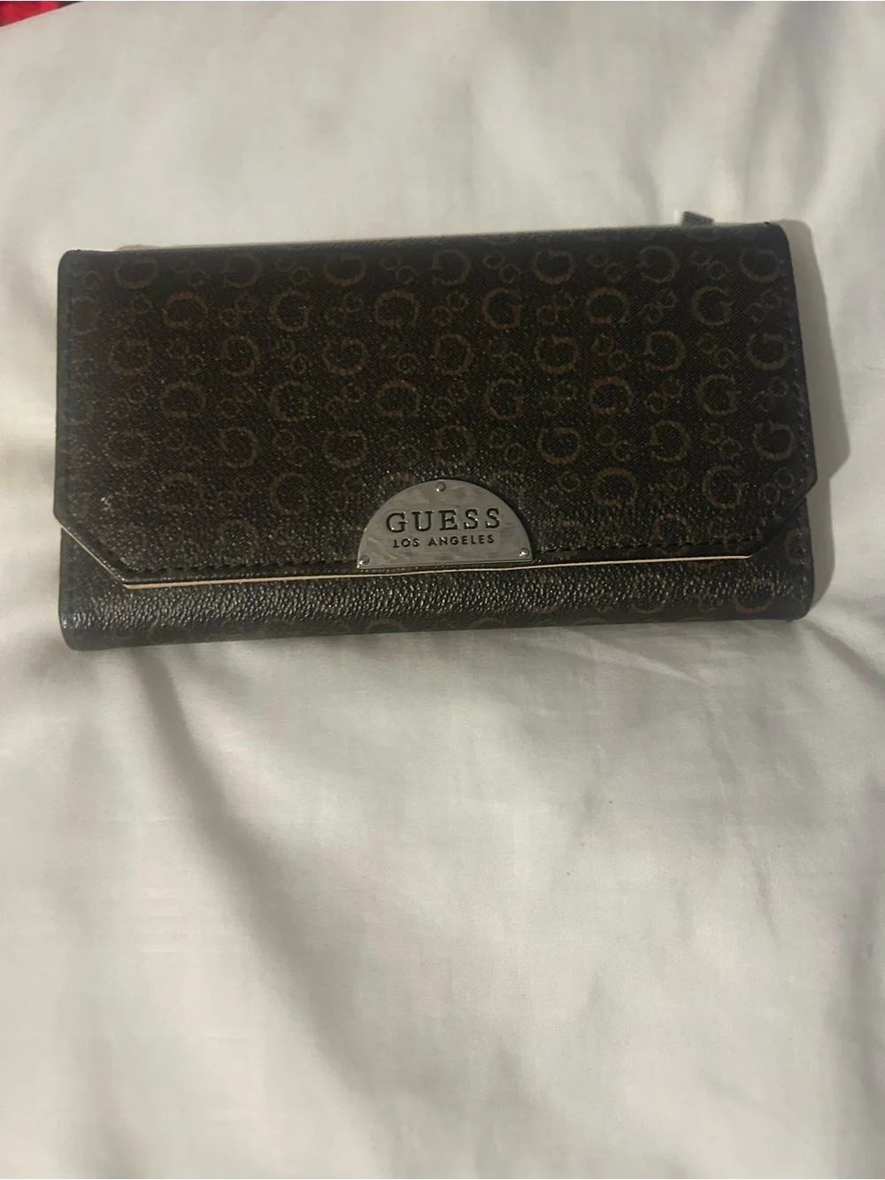 GUESS Brown Logo-Print Continental Wallet with Metal Plate
